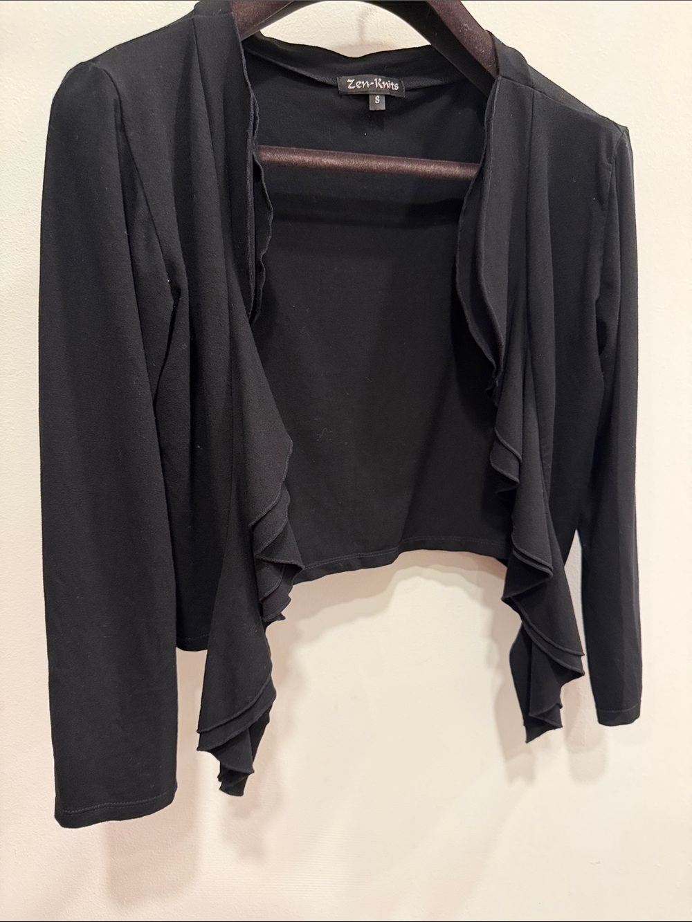 Zen-Knits Black Ruffled Open-Front Shrug - Feminine Layering